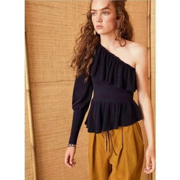 ULLA JOHNSON Eden One Shoulder Cashemere Cotton Sweater Ruffle Midnight Blue.
